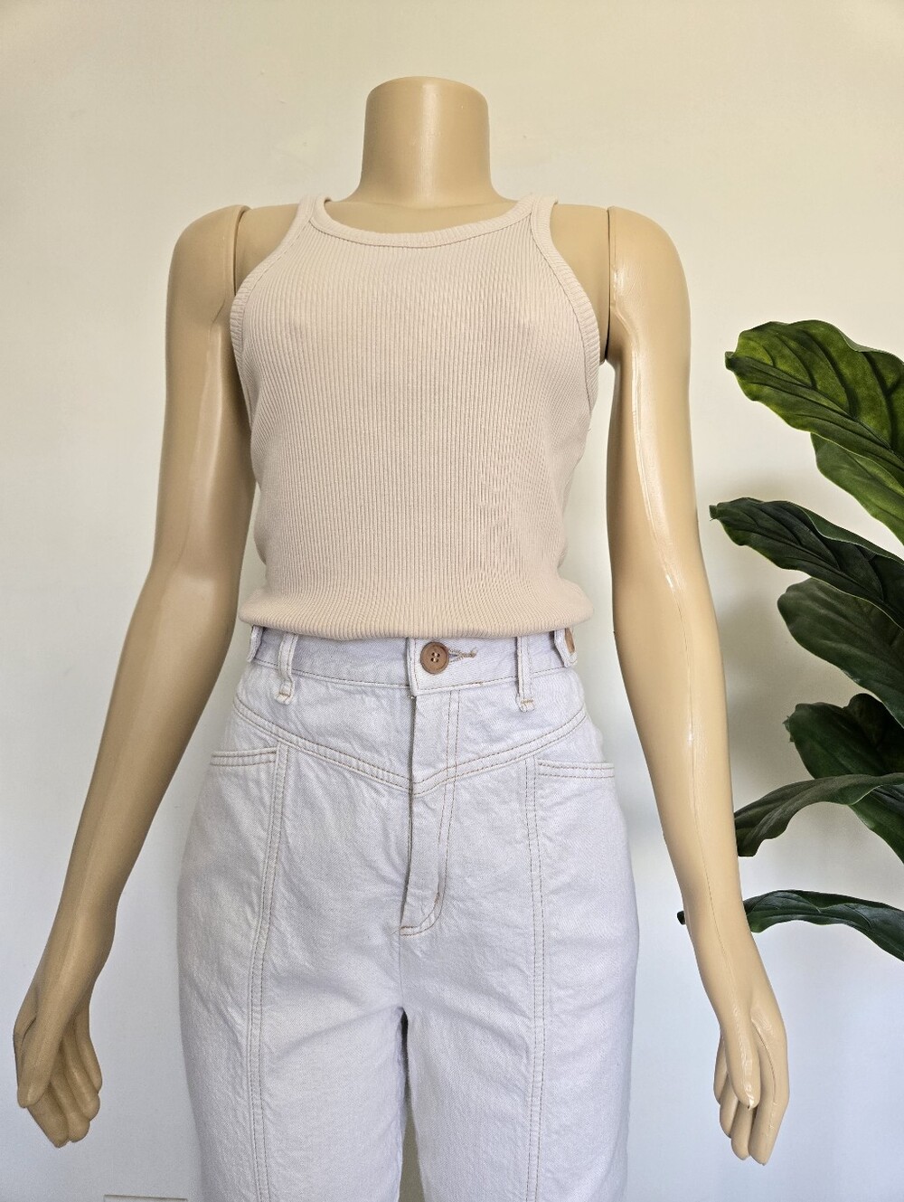 Free People City of Lights Cream Ribbed Tank Top and White High-Waist Jeans 30 - Picture 3 of 11
